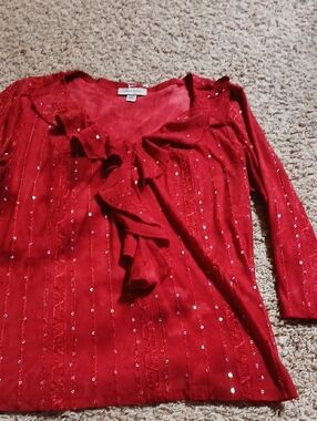dressbarn Red Ruffle V-Neck Sequin Long Sleeve Blouse